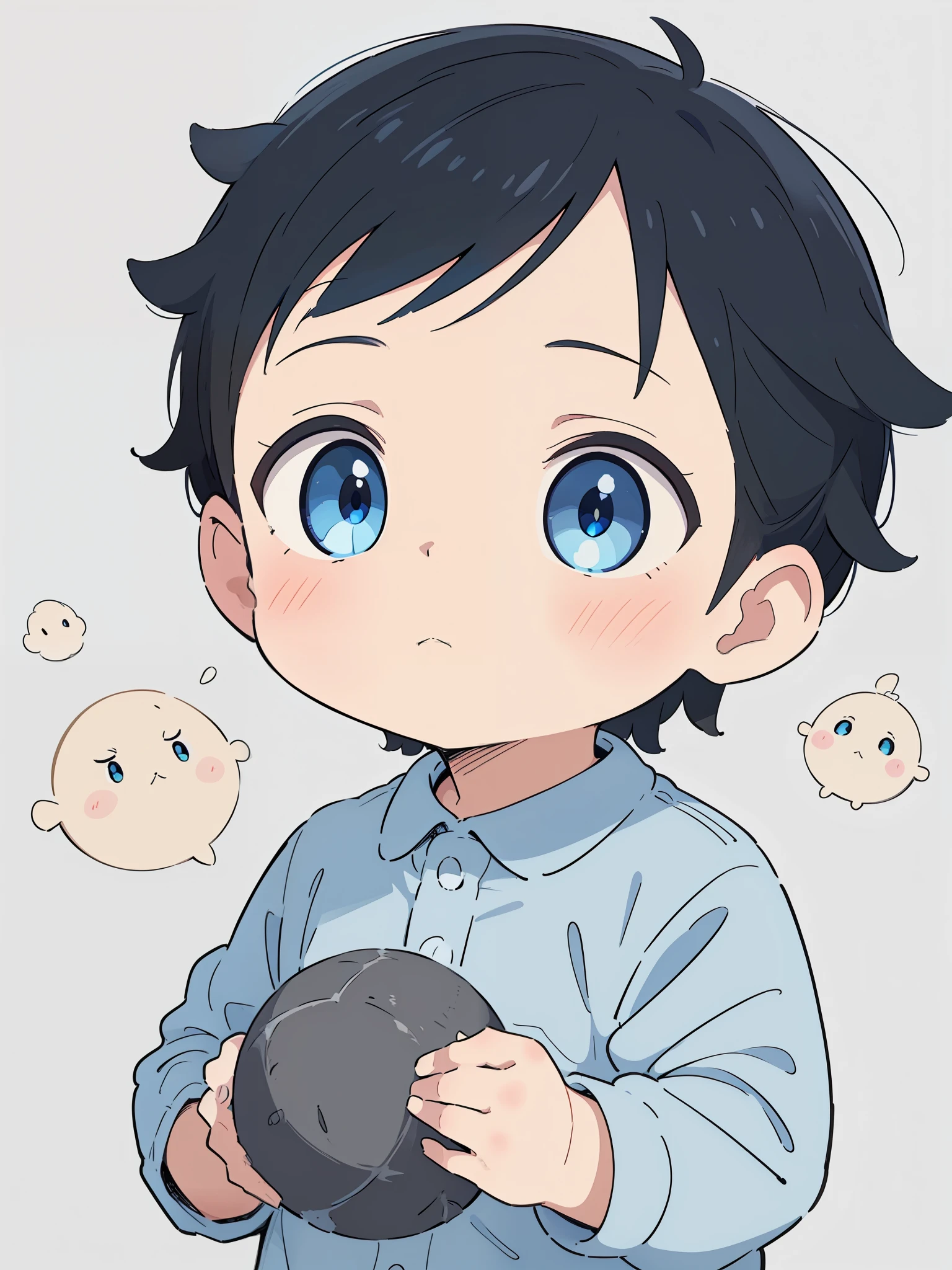 (high-quality, breathtaking),(expressive eyes, perfect face) portrait, Symmetrical Eyes, 1boy, solo, 1 month old, black hair, blue coloured eyes, medium hair, spiked hair, fluffy hair, baby face, grey background, stone wall background, detailed eyes, blue shirt, blank expression, neutral expression, upper body, medium shot

