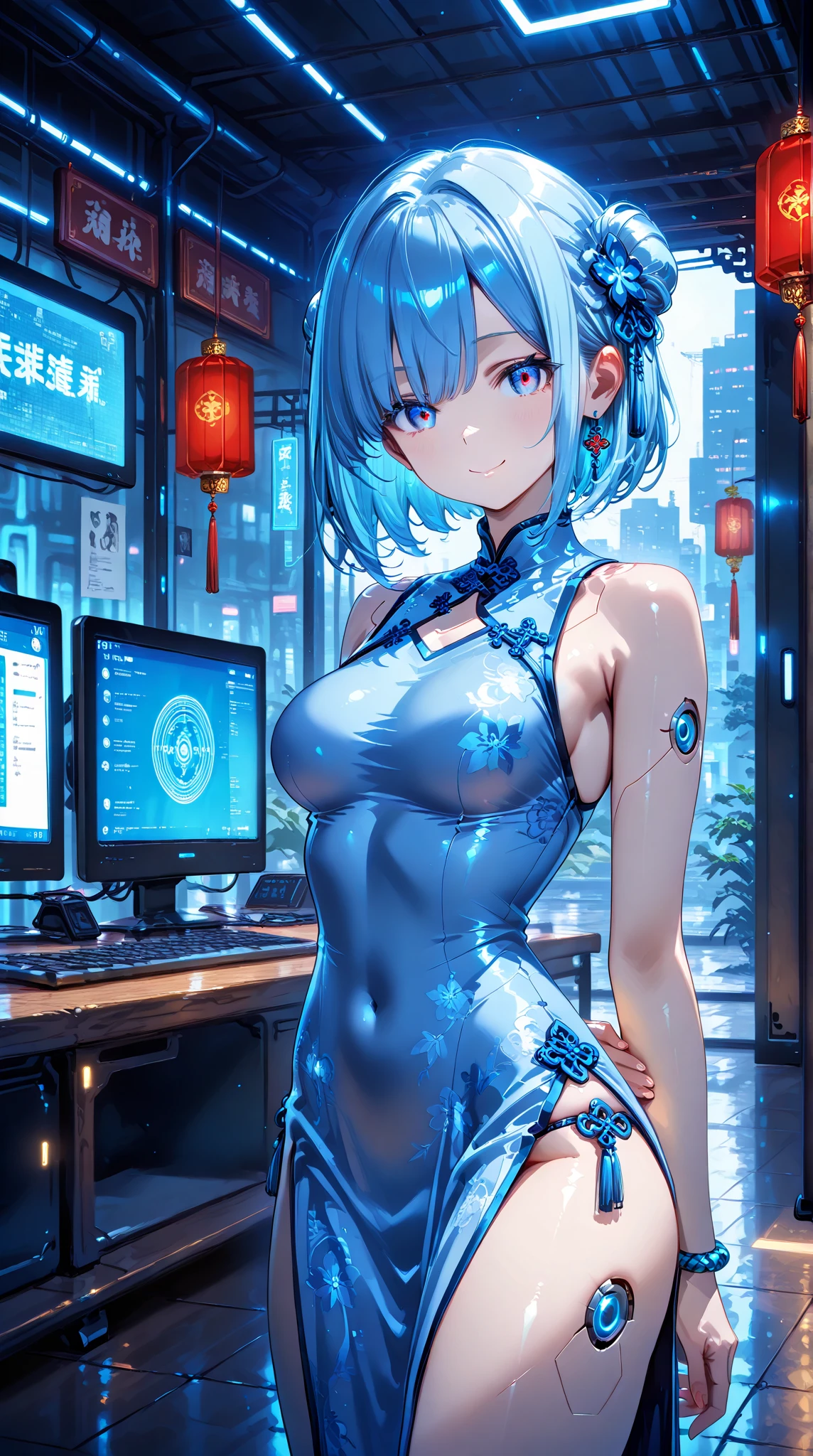 Adult woman, short blue hair, bob hairstyle, turquoise eyes, blue Chinese dress, one tight black sleeves open breasts, transparent elements, fishnet elements, black tight trousers, smile, hands behind head, Masterpiece, best quality, Full HD, 8k, ultra details, great graphic