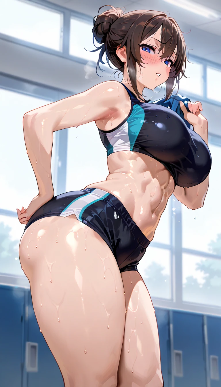 (A masterpiece, high resolution, 4K,8K), perfect anatomy, (a woman, Chun-Li, athletic, very short hair ) ,(royal blue top,wearing gym_outfit ), (wearing gym_outfit ,wearing black side string panties,(string bikini ,G-string, black )), sweating, the background is a building advertisement with dazzling neon light, (sexy body) , (sexy beautiful detailed face), athlete body, front view, stylish attractive pose, looking at viewer, good applying makeup, medium breasts, cleavage, midriff peek and abs, glistening skin, nightclub background,Delete everything except the character