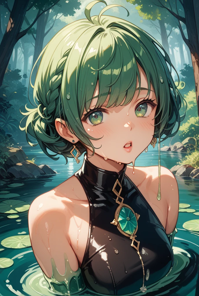 ((Highest quality)), ((masterpiece)), ((detailed)), (4K), 1girl, 独奏, pixie cut, darkgreen hair, sarong, 比基尼, large breasts, squatting, open legs, (from above), looking up, looking at viewer, face focus, (wet)