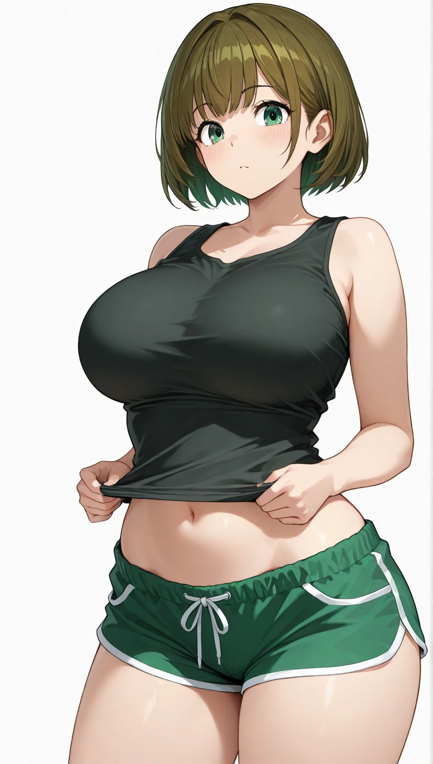 8k, best quality, masterpiece, ultra-detailed, garota linda de anime, sozinha, alone, only a girl, somente uma garota, she is alone, she's alone, olhos vermelhos, olhos de cor vermelha, red eyes, cabelos curtos, short hair, solo, red hair, cabelos vermelhos, fit, muscular, ripped, green gym top, jeans short, sexy