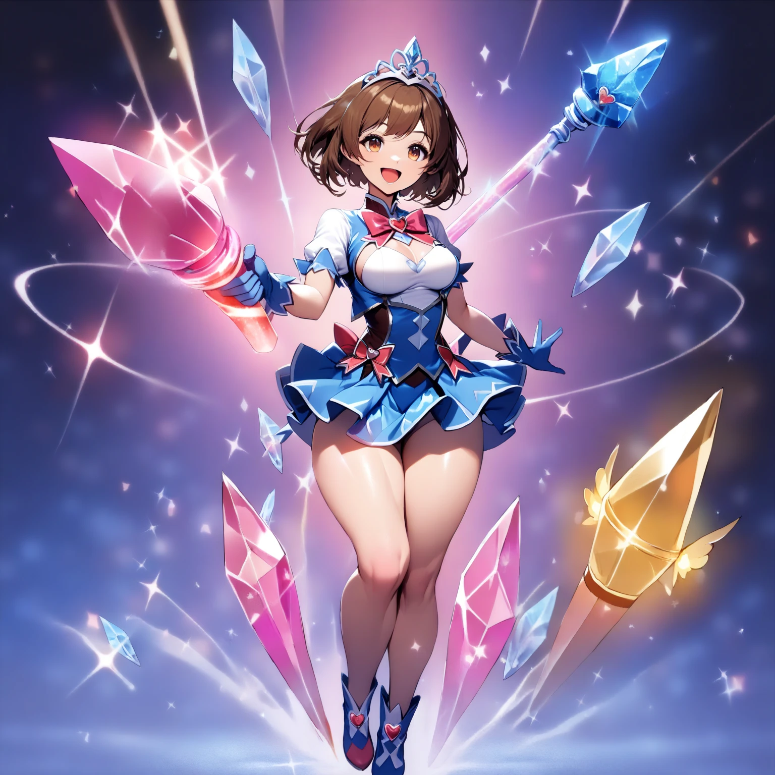 ung woman, (((extremely cute and beautiful))), (((smile))), (((open mouth))), (((fully exposed neckline))), (((medium breasts))), (((thick thighs))), (((white top))), (((very short hair))), (((brown hair))), ((full body)), (baby face: 1.1), shiny skin, (((amber eyes))), (((magical girl style))), (((magical girl uniform))), (((blue mini skirt))), (((Long blue gloves))), ((magic rod))), (((hair tiara))), (((sparkling heart pink background))), (((crystal light effect))), (Magic Effect: 0.9)