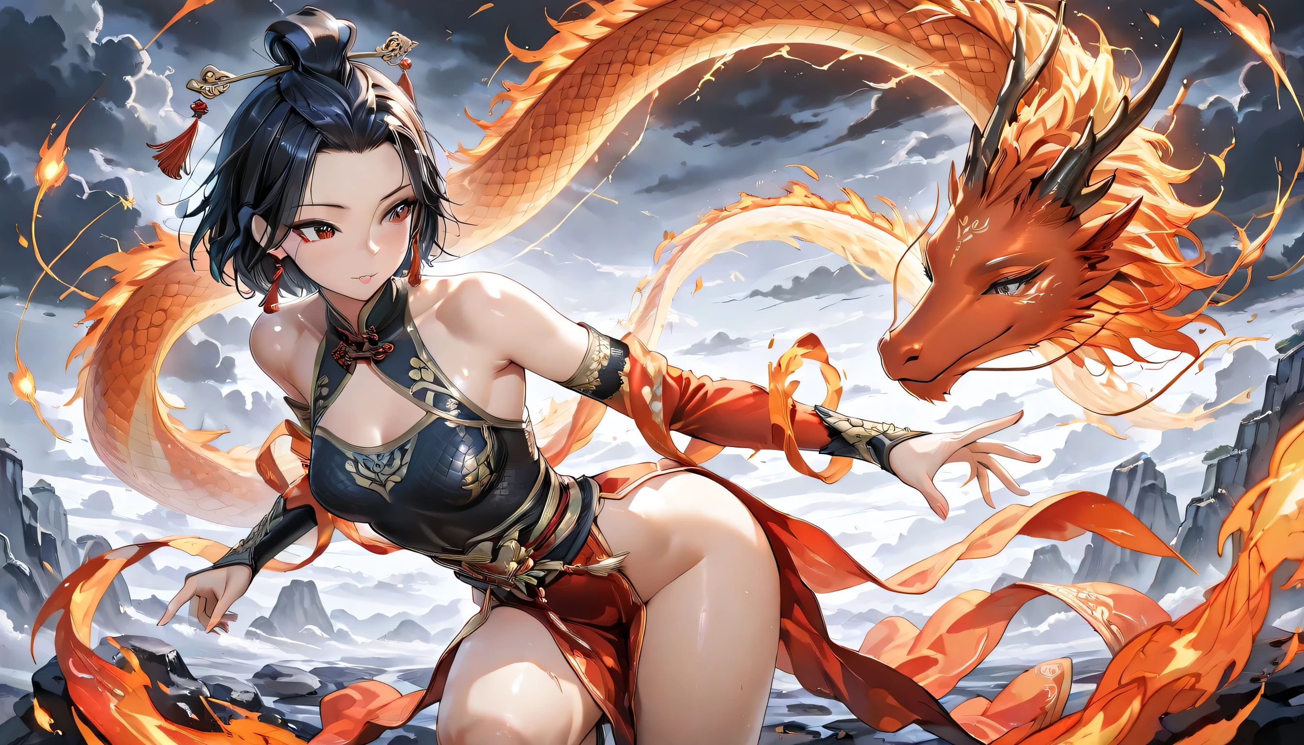 (masterpiece, best quality, ultra detailed, 4K, Chinese mythological fantasy style), A mature, seductive, and powerful female warrior inspired by ancient Chinese mythology, around 16-18 years old. Her presence is both fierce and irresistible, with a sultry expression and an aura of dangerous allure. Her eyes burn with fiery intensity, exuding both power and mystery. She wears luxurious, form-fitting Chinese armor, made of black and gold, with intricate details that highlight her curvaceous silhouette. The armor is ornate, with delicate golden dragon patterns on the shoulders and chest, but designed to be revealing, showing more of her graceful, toned body. The flowing red silk sleeves flutter around her arms, exposing her bare, flawless skin beneath, adding to her seductive charm. medium chest, Her short hair, styled in a traditional elegant topknot with ribbons, cascades down her back in silky waves, framing her face and accentuating her beauty. She grips a blazing spear in one hand, while her other hand controls a magical red cloth (Huntian Ling) that swirls around her like an ethereal flame, wrapping around her figure in a spiral of fiery energy. The cloth dances like a fiery serpent, creating an illusion of a dragon wrapping around her body, adding a sense of sensual yet dangerous movement. She stands confidently on cracked, scorched earth, her posture seductive yet commanding. Her body is poised as though she is about to unleash a devastating strike, one leg slightly bent, hips tilted in a way that accentuates her feminine grace. The background is filled with ancient Chinese elements, like dark clouds, misty mountains, and swirling fire, creating a mythical and dramatic atmosphere. The scene blends both beauty and strength, combining sensuality with the raw power of a legendary warrior.