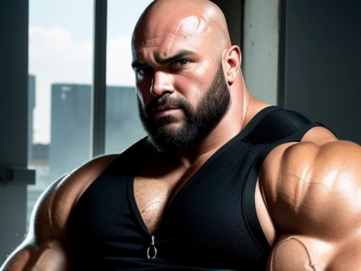The big show as a bodybuilder with enormous muscles wearing an animal print latex thong 