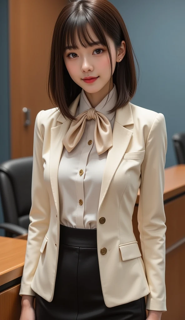 (Top resolution, Distinct_Image 1.2) 、(Beautiful girl with golden ratio face)、(very vivid eyes、earth eye 1.2)、great essentials, high detailing, Bob Hair、lipgloss、Very beautiful girl、 Solo, Beautiful girl like a model、(((Tie blouse、Beige jacket、Beige Blazer)))、(((Beige tight skirt))),cafe terrace,Table seating