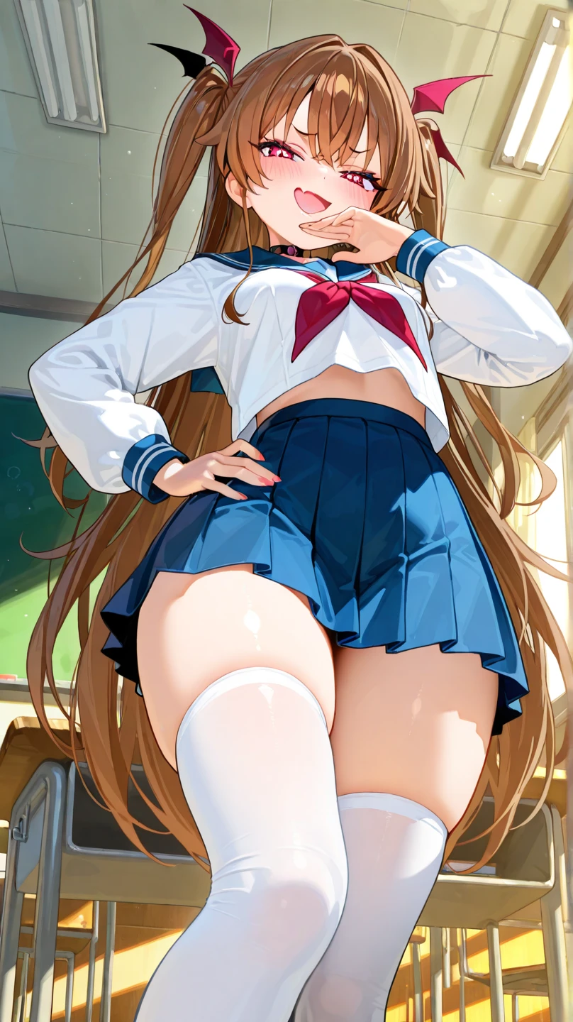 highest quality,masterpiece,8k,1girl,medium breasts,orgasm,blush, sweat,mini skirt,lift skirt,upskirt,white panties,Mizuki Yukikaze,hair ribbon, green shirt, serafuku, white neckerchief, long sleeves, pleated skirt, black skirt, black thighhighs,((jumping:1.1))