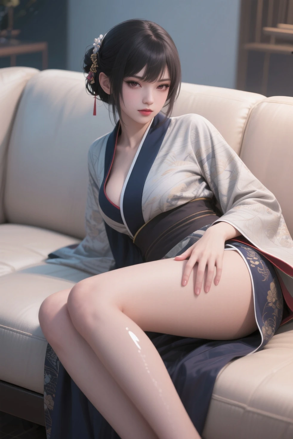 Mulan sitting on the couch looking at the camera, fully body, open jacket without buttons , Topless, beautiful medium breasts showing , sexly , ripped mini skirt , legs spread open, beautiful smiling, long hair, surreal ,