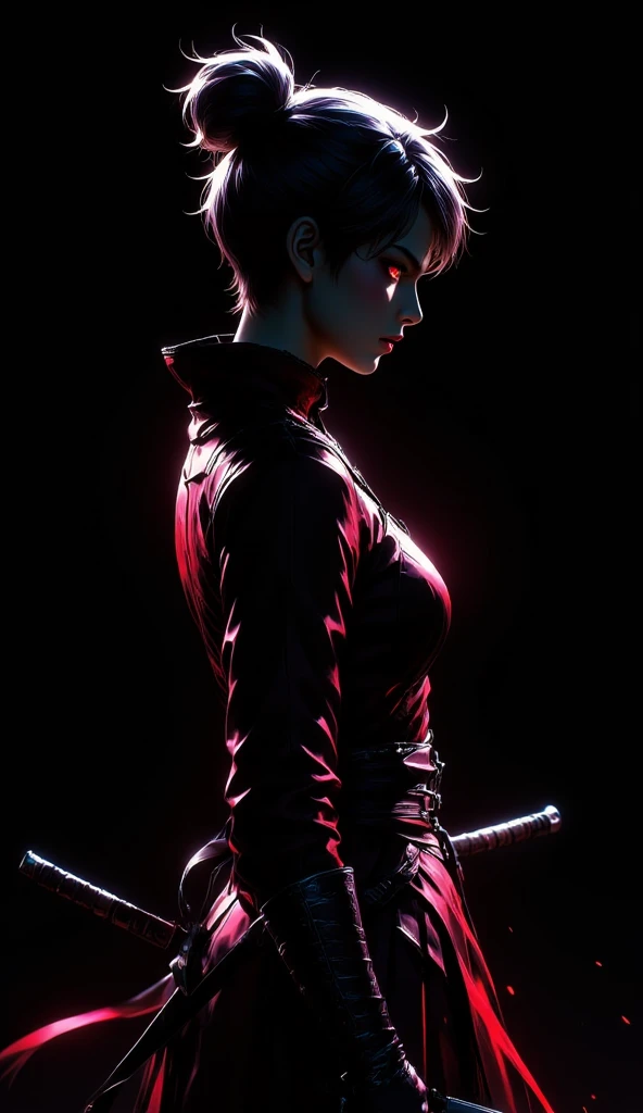 Show me an hyperrealism picture of a young man with a feminine body, wearing a black tight suit and holding a sword, as he turns his back with the city at night in the background, featuring a red, round moon.