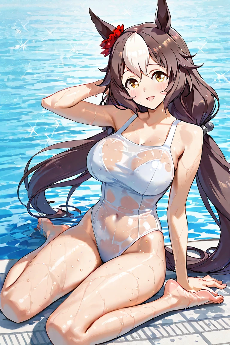 masterpiece, highest quality, Detailed face, Beautiful and detailed eyes, Beautiful Face, Perfect body, Professional Lighting, One girl,A calm and innocent girl,brown Hair, Long Hair, black eyes,big breasts At a poolside, a girl in 16years old wearing silver slingshot swimsuit. sitting on the lounge chair, knee together,vibrant greenery and lounge chairs. The crowd looks on in amazement.The atmosphere is sunny and cheerful, with clear blue water in the pool and a few people swimming in the background. The girl looks relaxed and seductive as she prepares for a refreshing swim.
