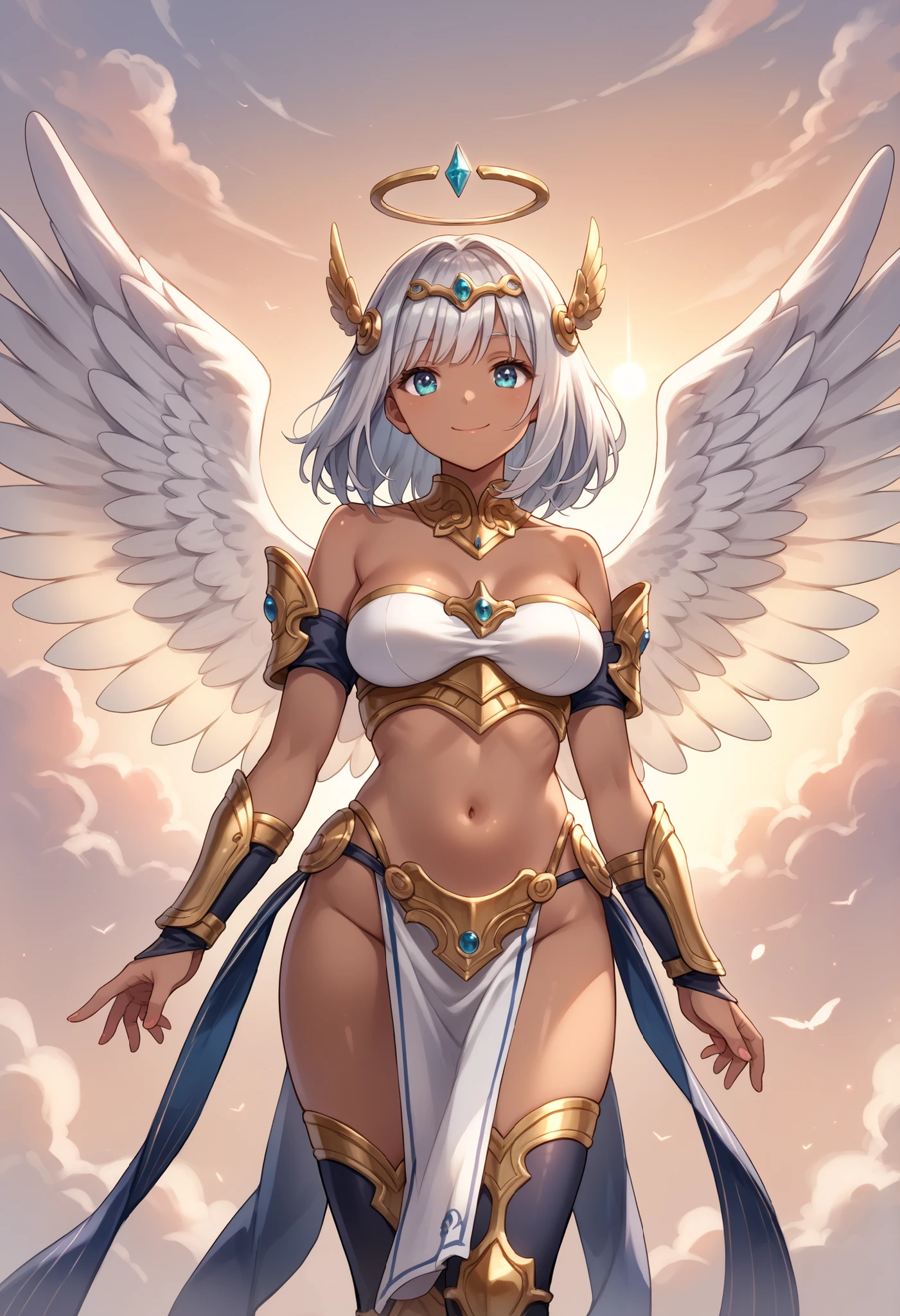 4K,High resolution,one woman,harpy,White purple hair,long hair,blue eyes,big breasts,white wings,golden nails,Valkyrie,white holy armor,winged hat,Jewelry Decoration,crystal decoration,gold decoration,Temple in the Sky