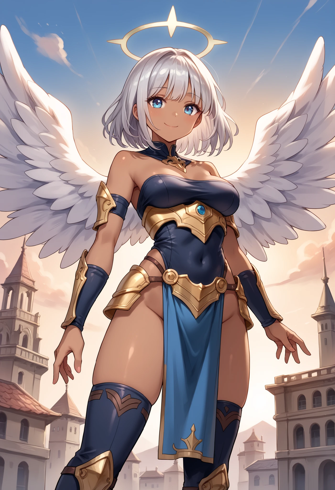 fantasy, 1angel_girl,, ,brown_hair, medium_bob_hair, long_bangs, halo,bare_shoulder,thighhighs,silver_armor, waist_armor, large_breasts,angry,grinning,open_mouth_teeth, 1pair_wings, dynamic_pose_fighting,floating, bare_crotch, headgear,gauntlet, greaves,city_sky_background,slightly_spread_legs, solo, groin_naked,dark_skin,
