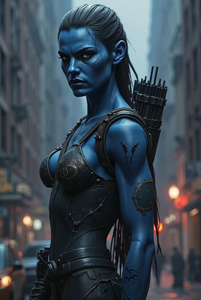 An illustrated movie poster, hand-drawn, full color, a young drow woman, drow elf, wearing a barbarian bikini, blue skin, blue complexion, pointy elf ears, ruby eyes, dark hair, shaggy bangs, posing like a model, hard shadows, graphite shading, stencil marks, airbrushed acrylic paint, masterpiece, in the style of Rockstar Games