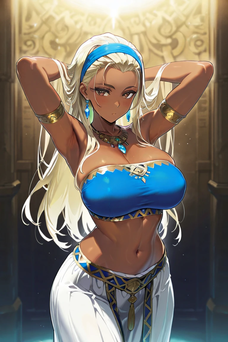 50-year-old indian female ifbb, reflective gold shiny bra, glowing iridescent thong, extremely translucent shimmering dress, white sheer arab pants, white hair, thick lips, mature allure, dark skinned