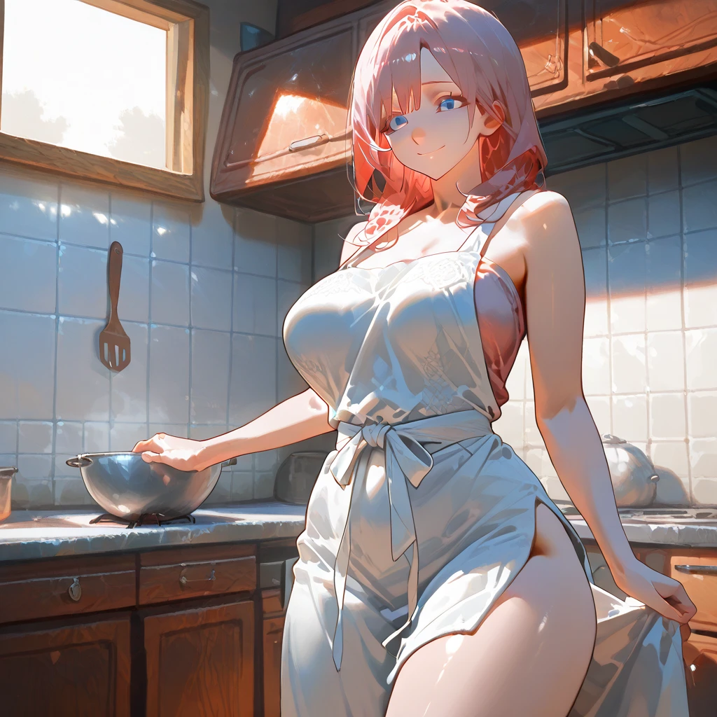 1 women, 22 age, in the kitchen, cooking, just wear apron, looking away, big breast, spread the legs, sit on table, vagina wet, sex toy in side vagina, ahegao face, look so tired.
