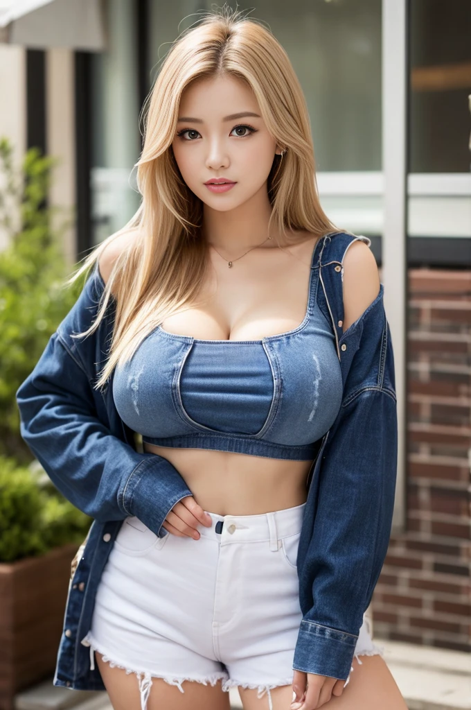 1girl, Blue eyes, (smile), (Sana Minatozaki), (wide hips), Big , (big ass), (Best Quality, 8k, Masterpiece: 1.3), perfect hands, Clear Focus: 1.2, Perfect Body Beauty: 1.4, strong abs :1.2, Highly detailed face and skin texture, detailed eyes, double eyelids, (blonde long hair), (sexy denim shorts), (red cleavage t-shirt :1.2), leaning on a table, in an open-air bar, next to the street