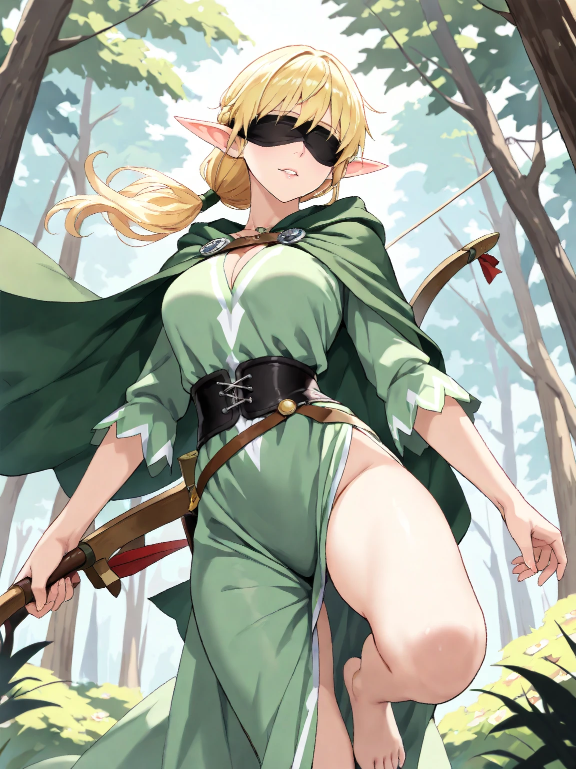 masterpiece,highest quality,anime,2D,Detailed face,
One girl, alone, thigh boots, Pointed Ears, gloves, boots, Green Hair, forest, Brown footwear,whole body, blue eyes, Fairy, elbow gloves, brown gloves, Cape, short hair, Green underwear, Are standing, View Viewer, green Cape, shirt,