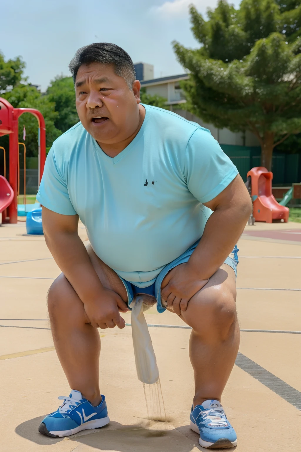 Thick Japan middle-aged man in his 50s, 1man, retarded, He wears a light blue shorts, Bare Thighs, Pampers, shirtsless, ((peeing self, wetting self, pee stains,)), ((trembling, fear expression, scared, looking at viewer)), kindergarten background, It's a sunny day, Incontinence, He stand and cried in playground, Full body, a picture, 8k, high detail photo, Masterpiece