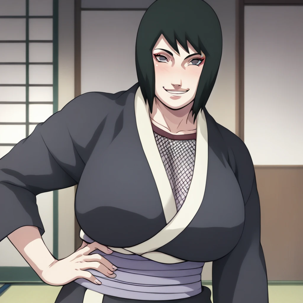 (art: 1.2), (best quality: 1.2) 1 woman, mature, tall (1.85 cm), appeared to be around 38 years old, had Short Black Indigo hair, straight and shiny hair, tied in a style Chinese taotist, White eyes like a green sapphire, extremely detailed eyes, perfect eyes, extremely realistic eyes, well-aligned eyes, long eyelashes, anime style, perfect face, mature face, full lips, smiling, mature, fair skin, natural body , SEXY BODY, mature body, perfect hands, detailed hands, hands well proportioned to the body, realistic hands, arms with good anatomy, she only wore a white Chinese style dress decorated in gold and silver that still couldn't hide her extremely large breasts and huge ones that were hanging due to their size, thick thighs, wide hips, looking at the viewer, background scene, scene of a hall of a Chinese-style pavilion, posing alone Looking at the viewer