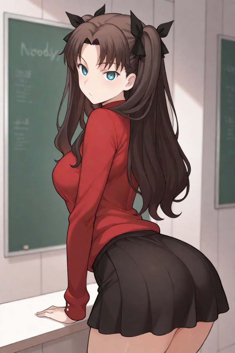 Koyomi Mizuhara, brown hair, long hair, glasses, seifuku uniform, red seifuku shirt, brown skirt, black high socks, brown shoes, medium breasts, Wallpaper, view from behind, tight skirt, fine ass
