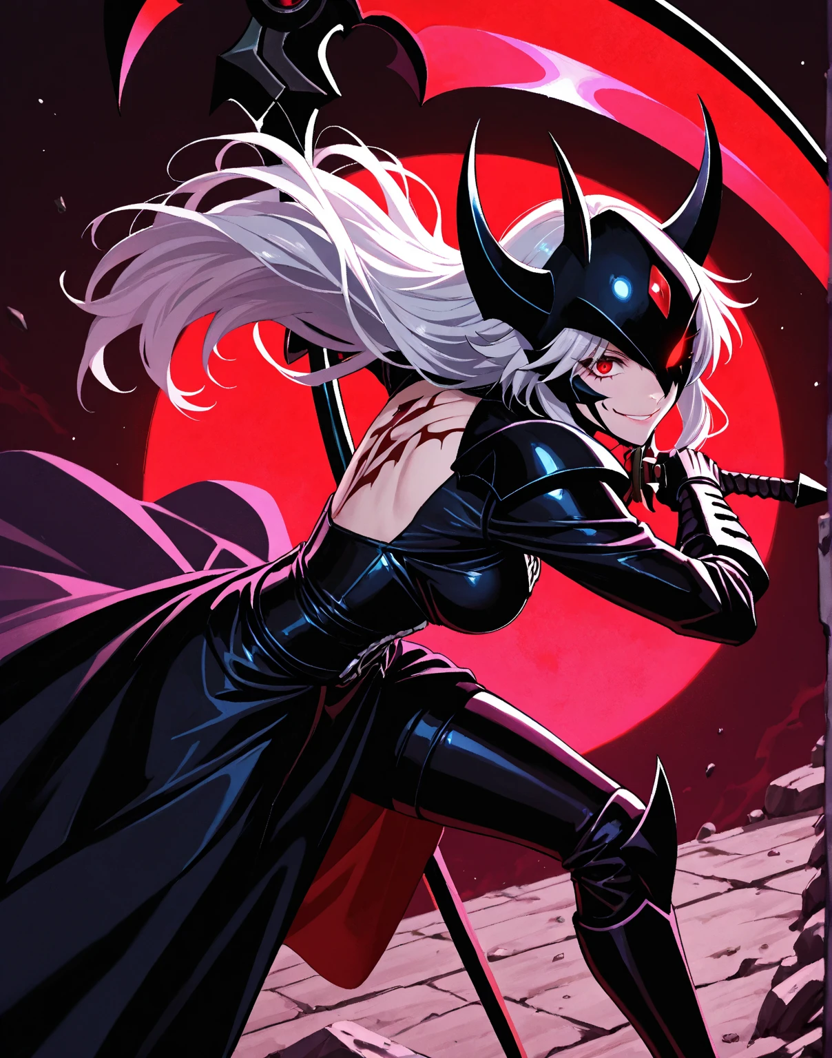 Arachne woman, huge breasts, defined, white hair with black streaks, black latex outfit, holding a bladed whip, hitting several monsters, lots of gore, stipitis club background 