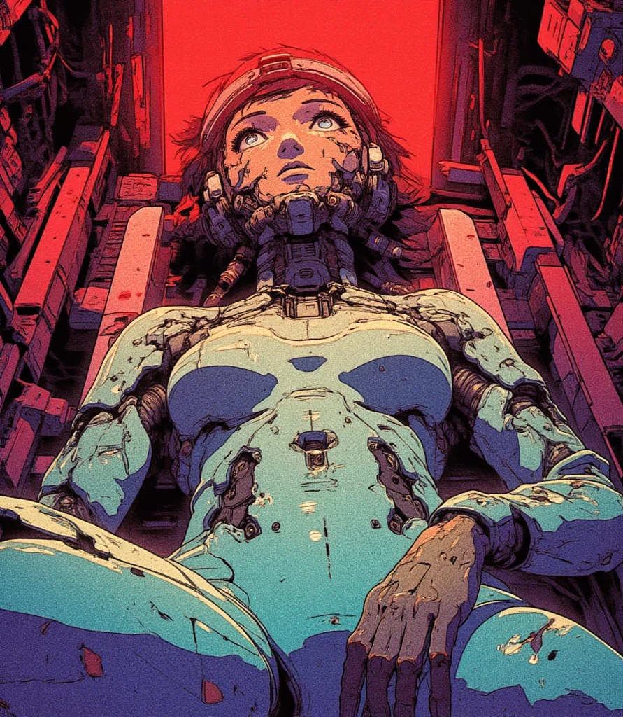 A Female robot is sleeping in a fridge, spread legs, nude, banzai pose. she wears no dress. She Brown short hair is tied with two big red clothespins, She lifts up the under hem of her white plain dress, leaning over, masterpiece, very short pigtails,brown hair, mature, android, blue eyes, full body figure, Height: 160cm, flushed cheeks, 2020s anime picture, A beautiful robot with short brown hair in two short pigtails held up by two very large huge red clothespins, Uplifting, No NSFW, whole body, barefoot, archaic smile, getting orgasm, 25 years old, sweat bucket. robot skin.
