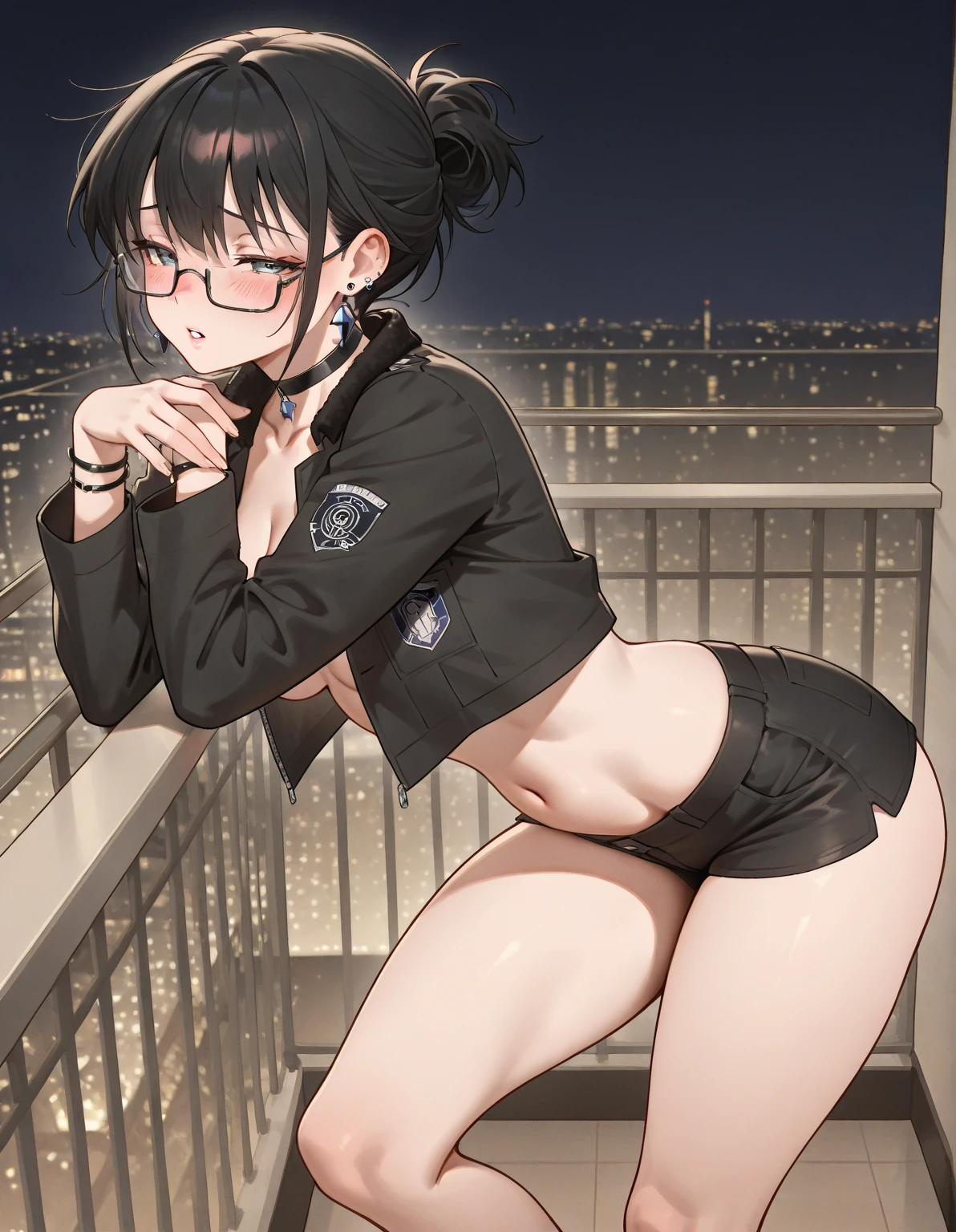 1girls tomboy stretching public nude small breasts blushed angry face hairy pussy glasses athletic body short hair 