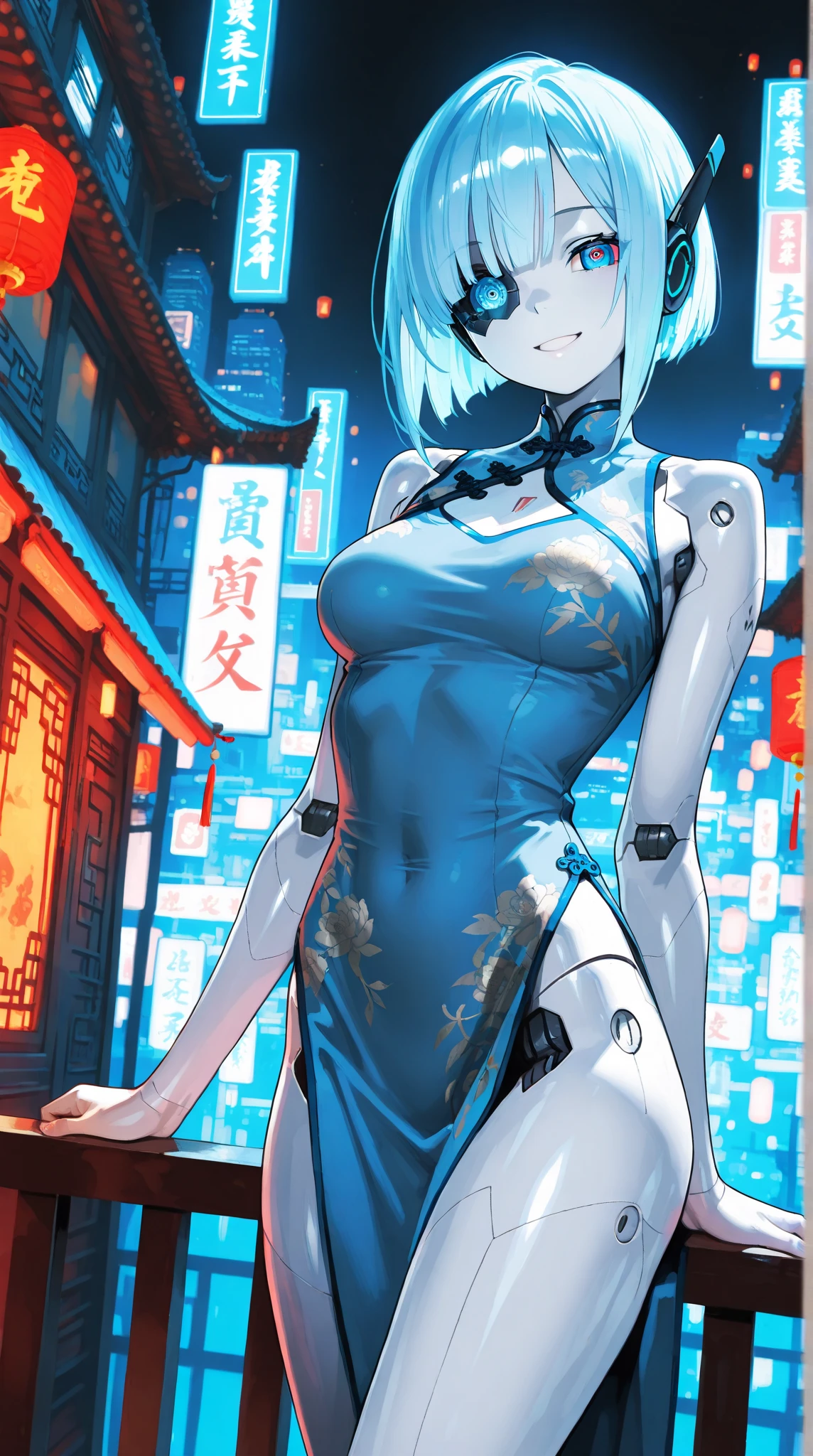 Fraction_9,Fraction_8_Direction_7_up,src_Japanese cartoons,1girl, girl, Cyberpunk,Chinese Cheongsam, Red light eyes,Glowing eyes, Short blue hair, White pattern, green, Bare shoulders, smooth, Mechanical joints,Shiny material,outdoor,futuristic city,Dynamic Angle