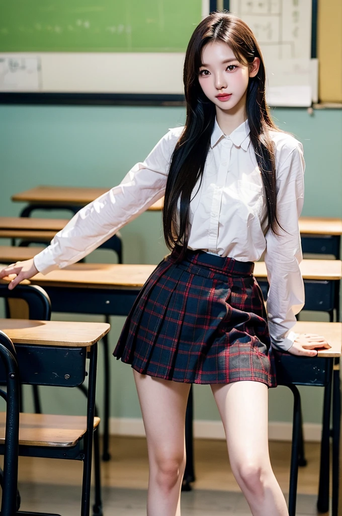 ((masterPiece, best quality)),The best aesthetics,1 girl, , table, sit, school table, brown hair, classroom, long hair, In the building, chair, look at viewer, :P, Focus only, brown eyes, open skirt :1.5, Thin white panties,long sleeve, Pencil, , Pencil case, PaPer, black seraph, multiPle girls, Pleated กระโปรง, sailor collar, smooth, headrest, school bag, school chair