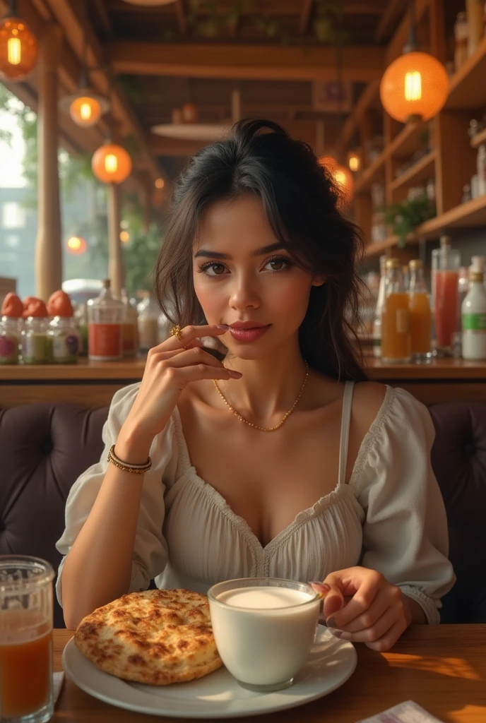 An attractive beautiful Instagram model with professionally done eyebrows. Curly messy black hair. Lucious lips. At McDonald’s wearing sexy cute pajamas