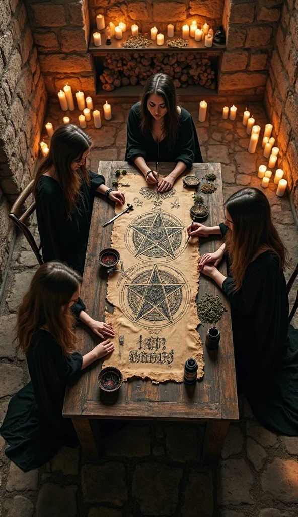 Photo of a group of people doing black magic on a table , black magic symbol is drawn on the table , candels are kept on the table , people wearing black cloak , teriffing lookin people ,