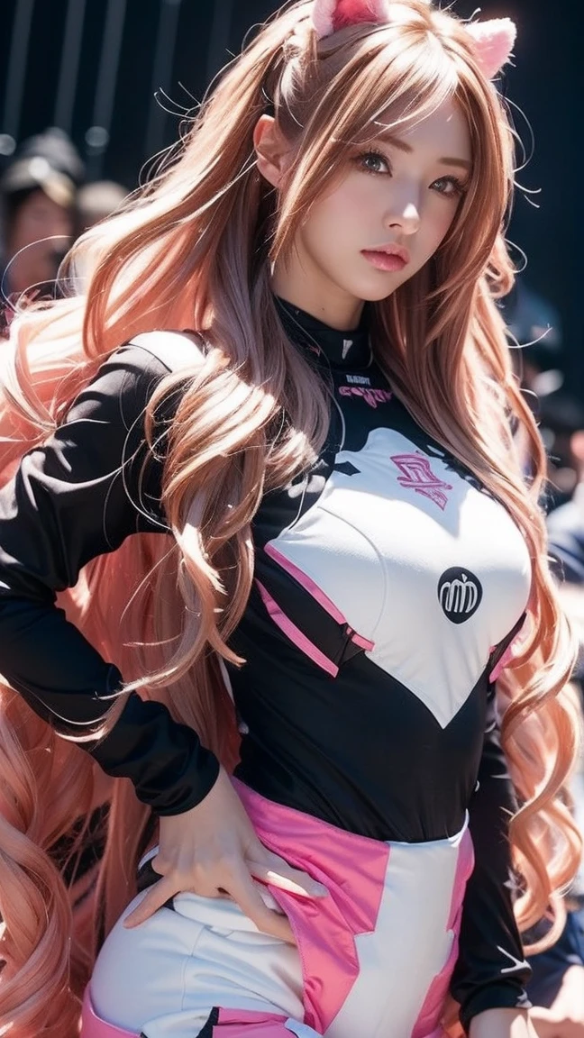 masterpiece, ultra high res, (photorealistic:1.4), 8k, RAW photo, best quality, detailed shadow, best quality, amazing, finely detail, official art, absurdres, soft lighting, sharp focus, (bokeh:1.5), light from the front, bloom, cinematic lighting, light on face, (cowboy shot:1.5), looking at viewer,
1girl, (huge breast:1.2), (cleavage:1.2), (light brown hair:1.2), (long hair:1.3), (bangs:1.5), very cute, (narrow weist:1.8), (abs:0.7), (teenage:1),(collarbones:1), (wide forehead:1), (Japanese face:1.3), (drooping eyes:1.8), (wide forehead:1.5), (fair skin:1.5), (transparent skin:1.3),(Japanese idle:1.3), (kawaii:1.3), (laugh:1.6), grid girl, (race queen), (Wearing a grid girl outfit with sponsor's logo printed:1.4), (colorful:1.8), (standing in a motorsport racing:1.5),(motor Circuit:1.5), racing car, (skirt:1.1), (sleeveless:1.8),
PHOTOREALISTIC