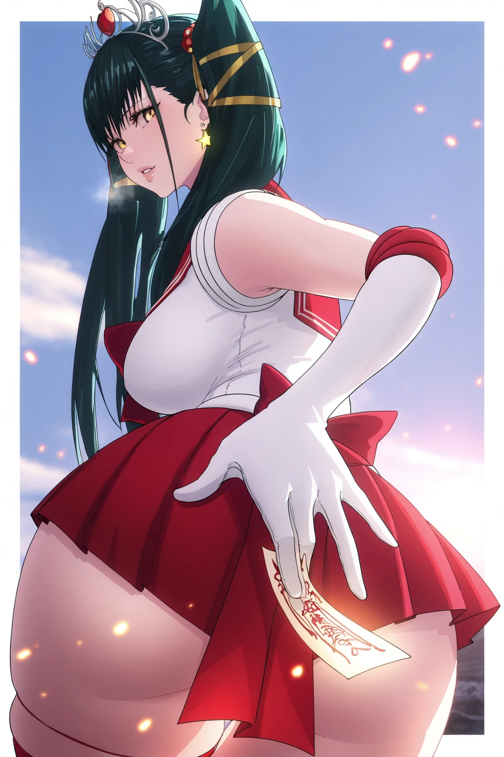 (minami_koyogi-style:1.4), (alecto_0-style:0.8), ((anatomical correct)), ((embers)), ((Cinematic, unreal engine, eye-catching, ambient occlusion, UHD, masterpiece)), ((perfect lighting)), perfect body, perfect eyes, perfect fingers, gasping, heavy breathing, gasping profusely, ((skindentation)), ((curvy)), mato seihei no slave, azuma yachiho, long hair, bangs, black hair, bow, twintails, yellow eyes, hair bow, green hair, plump, 1girl, sailor_senshi_uniform, solo, gloves, skirt, earrings, magical_girl, ofuda, elbow_gloves, jewelry, white_gloves, red_sailor_collar, sailor_collar, looking_back, ass, red_skirt, lips, looking_at_viewer, parted_lips, pleated_skirt, sky, from_behind, breasts, star_earrings, bow, tiara