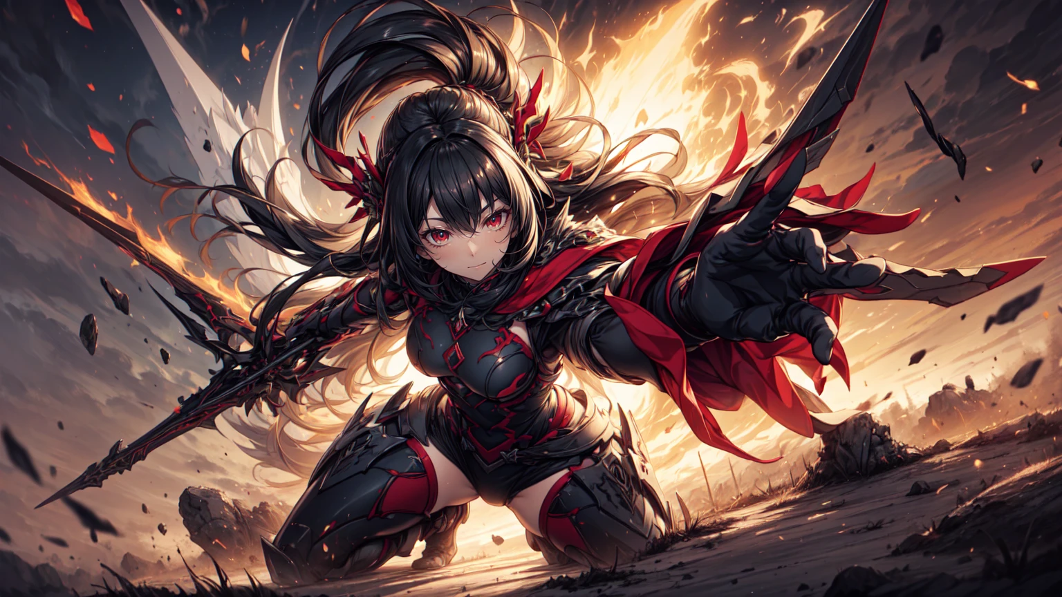 Cleavage of adult woman with long black hair, red eyes and dark skin,Forehead,Black Armor,long skirt,,ax,flame,City