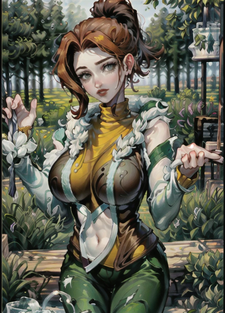 ((Mucha's style)),(vulgar),huge breasts, sexual excitement, ((addiction to sex))((Medieval fantasy bishop)),head shot,smile that invites a man to join her,Mercenary,nipple covers