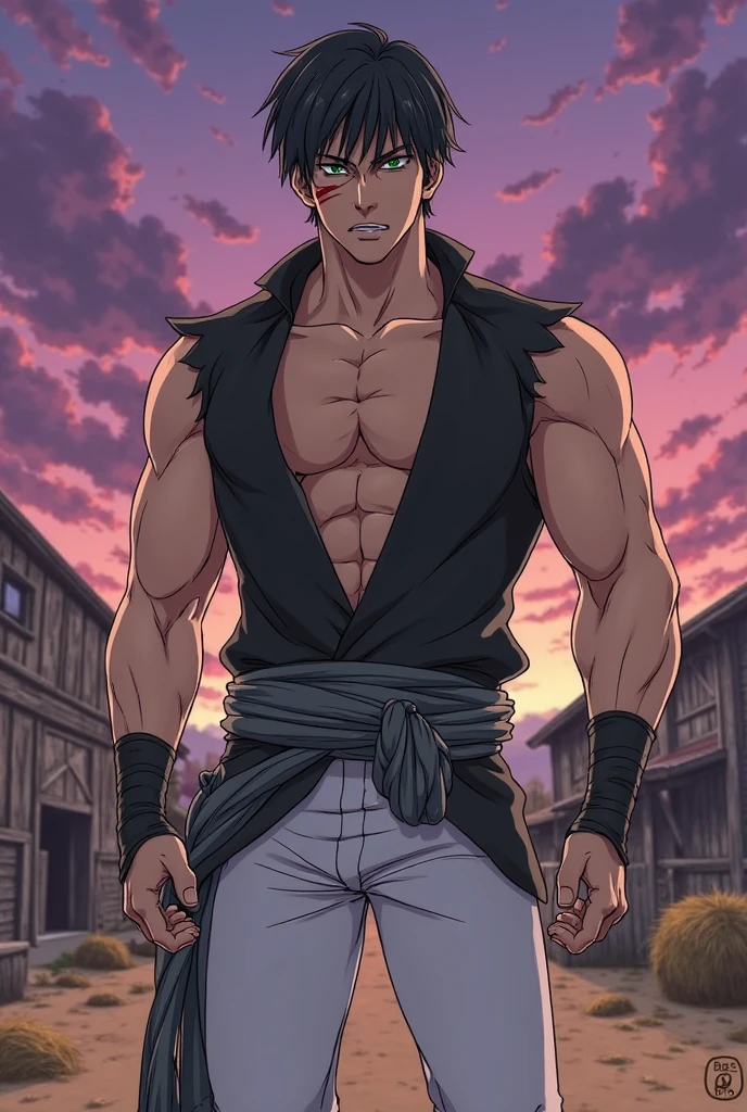 desenho estilo anime, estilo cartoon, homem com cabelo grande e liso, cabelos negros, vestindo uma roupa preta, casaco sobre-tudo, sem camisa, smoky clothes, tom pastel, ambiente de laboratorio medieval, sem barba, olhos brancos