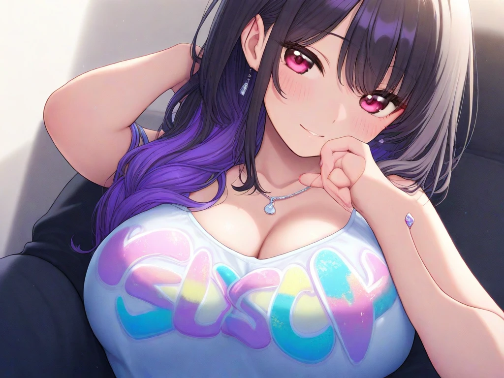 1girl in,Heart-shaped pupil,Fingernails,hands on own face,Brown hair,Purple eyes,(blush:1.1),Choker,Upper body,trembling,Sweat,droolng,(SPEEDLINE:1.1),Huge breasts,I don't wear clothes ((Heavy breathing:1.3)), Koi,, large areola , Exposed nipples、Smile