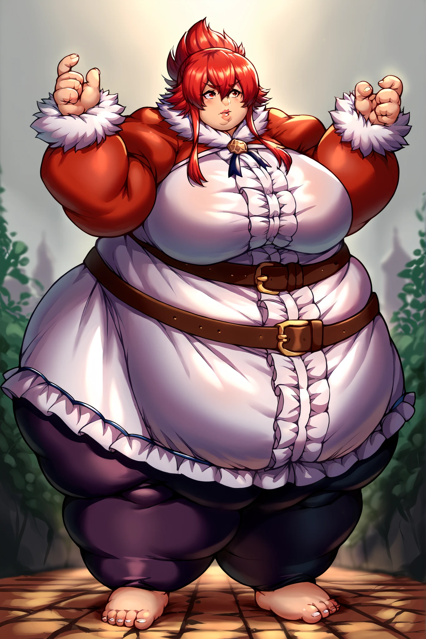 score_9, score_8_up, score_7_up, source_anime,
arnestflaming,
arnest flaming, red eyes, hair between eyes, sidelocks, red hair, short hair with long locks, folded ponytail,
long sleeves, dress, puffy sleeves, belt, fur trim, juliet sleeves, frills, center frills, giant hands, giant feet, fat, chubby, obese, gigantic arms and legs, gigantic breasts, sagging breasts, full body shot, fat face, chubby face, double chins, big lips, fat hands, fat finger's, chubby hands, chubby fingers, arms to the side,