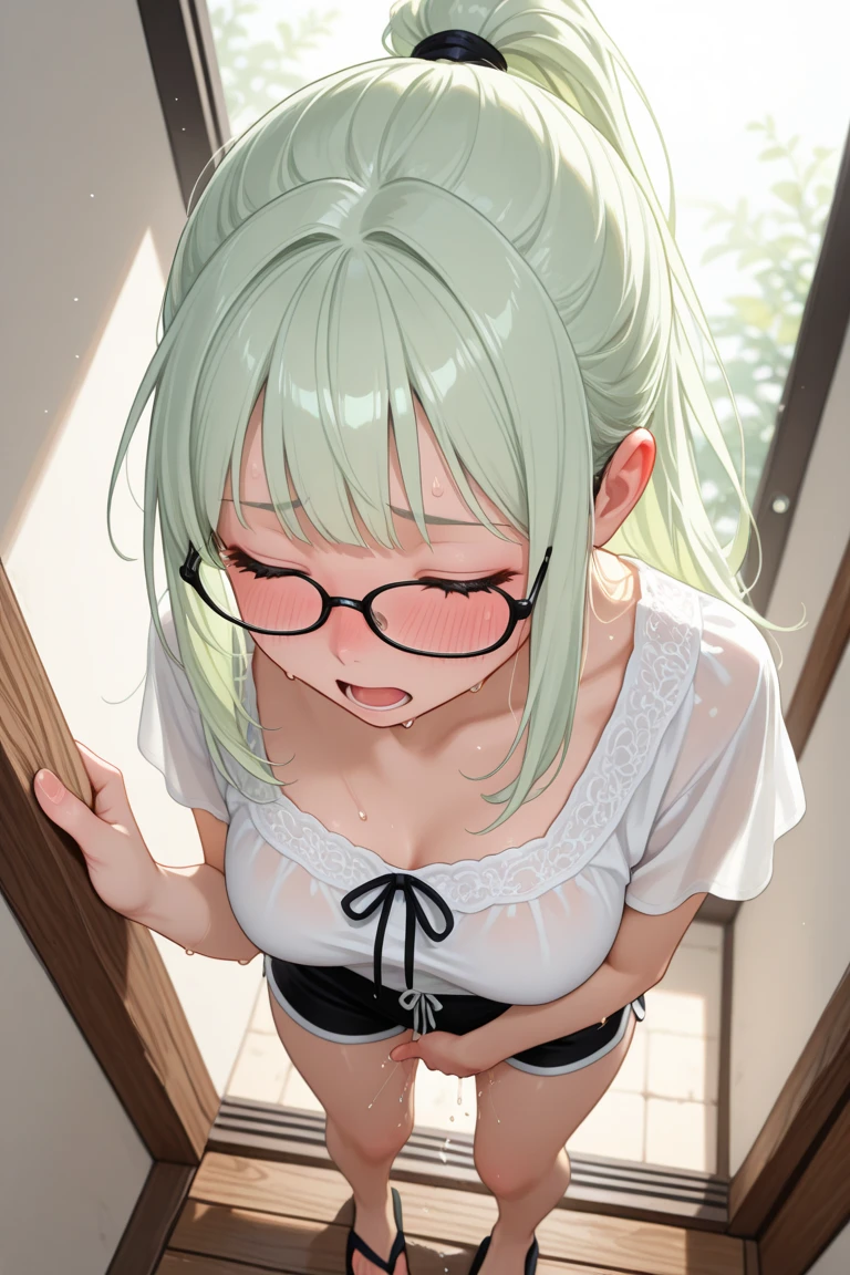(((nsfw, close-up Facial))) ,(straddling), BREAK nsfw, 1 girl, 26 years old, closed eyes,((( embarrassed, aroused, seductive, in heat, orgasm,blushing,be breathless, humid))) , BREAK (((light green-hair,forehead , voluminous hair ,semi long low ponytail))),((under rim glasses)), (small breasts:1.2),(( girl trembling with sexual climax, cum in pussy, pubic hair)) ,slender weist, Glamorous lower body, feminine, slightly muscular ,((((all-fours),Dynamic Pose,Dynamic Angle,((1 boy:Grabbing a woman's waist)),(SEX),(doggy style),((Doggy sex)),A detailed face,Beautiful expression, pubic hair))),( is crying) ,(straddling), BREAK ((((White-Solid-nonpatterned-short-Sleeve-shirt with Pockets ,bottomless)))), BREAK (((In a Barn))),(masterpiece), (realistic), (best quality), (ultra-detailed), amazing, ((high detailed face)) , collarbone, highres , (ultra detailed), smooth, 8K, vibrant colours,