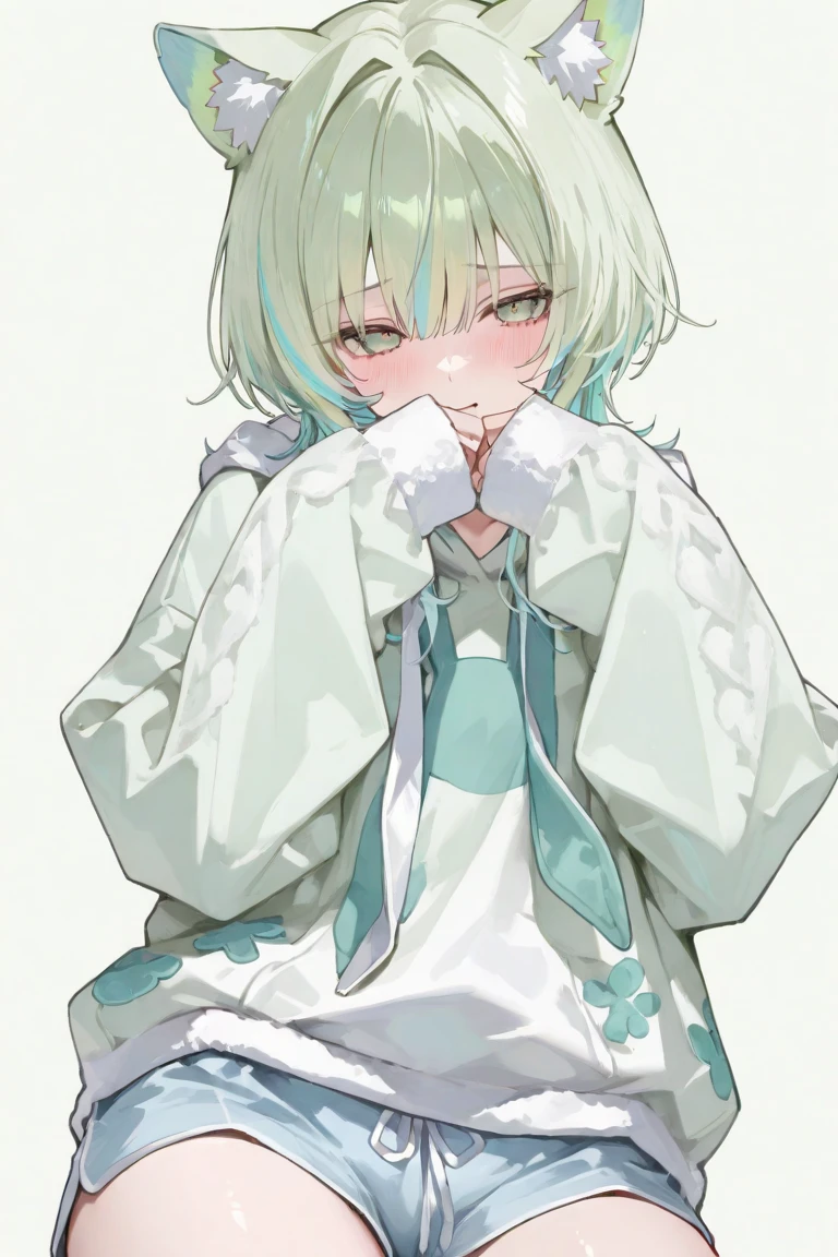 1 girl, cute, young, green hair, bob haircut, green eyes, poncho, thigh high, {{{{{{{{excessive cum}}}}}}}}, bukkake,