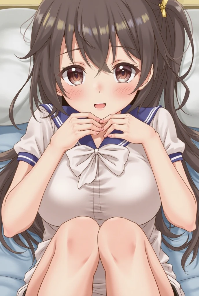 (((masterpiece,High resolution,high quality,Very detailed,8k,An illustration))),(((,Beautiful eyes highlights,Droopy eyes,Embarrassed,In tears))),(((Very large breasts))),(Bursting Breasts),((Abundant thighs)),((Dark brown hair,No sideburns,Blunt bangs))),((Looking at the camera,Lying on the sheets),(((White shirt,checked short skirt,Light blue underwear,school uniform)),