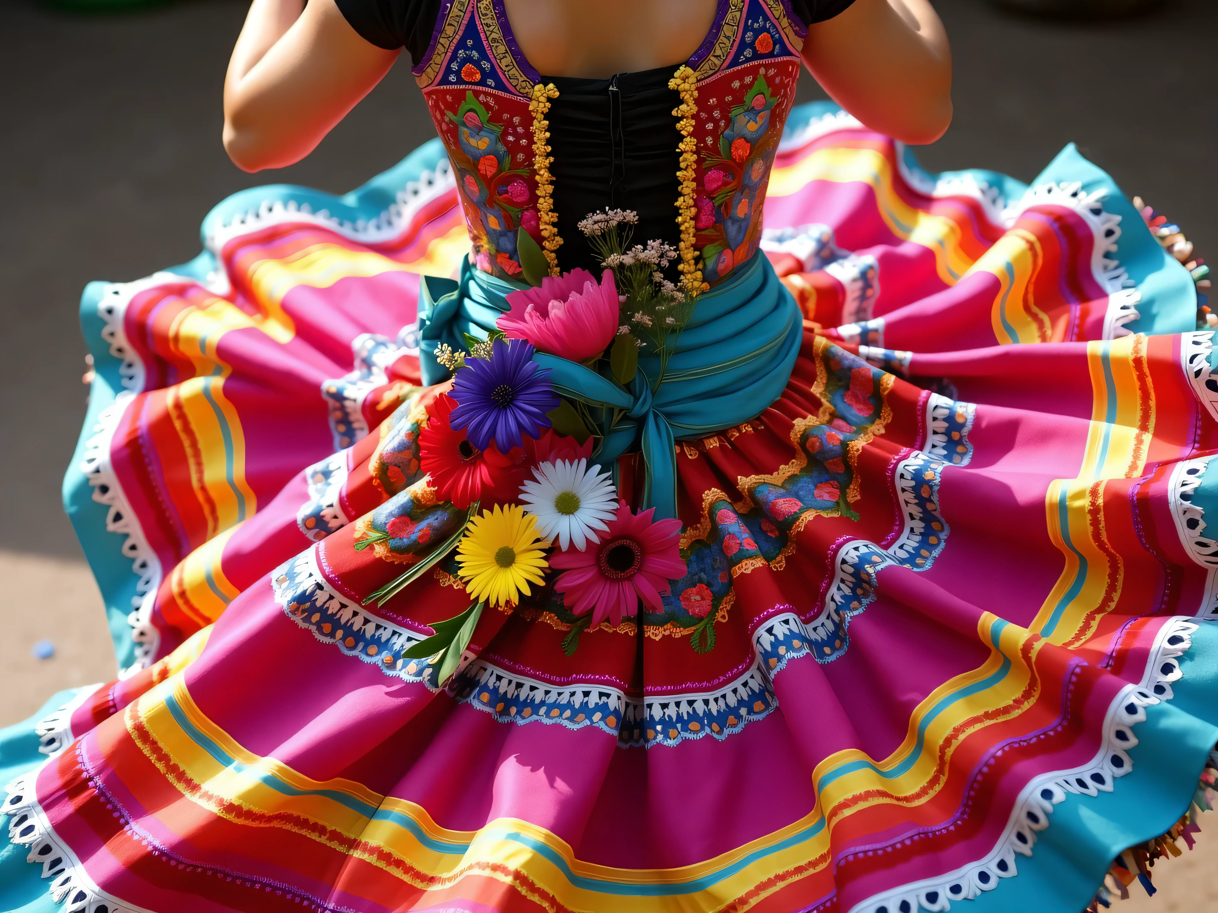 A colorful and dynamic image showing only the traditional Mexican dance dress and accessories of a woman mid-dance — swirling, layered skirts with vibrant colors and floral patterns, bright ribbons, and detailed embroidery. The image also includes multicolored flowers woven into the costume and accessories. The woman herself is not visible; only the motion and beauty of the costume and flowers are shown, suggesting joyful movement