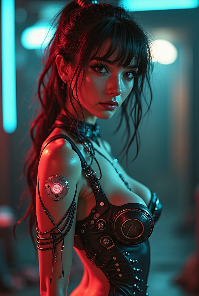 best quality, 8k, very delicate and beautiful, highly detailed face and skin texture, shiny skin, high resolution, big tits sexy girl in glasstech futuristic bikini at night, under neon light, cyberpunk style, sharp focus