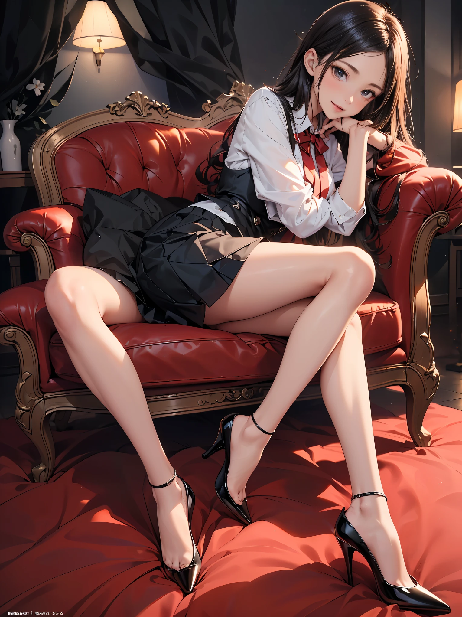 realistic image, detailed image, coherent imagen, with a 1 beautiful girl, she has a little long hair, Brown hair with red hair on the fringe that covers her forehead, Bright Reds eyes, shy expression. She is wearing a white button-down shirt, a pleated skirt, black shoes , She has a curvy body, medium-large breasts and very thick thighs, find references to atomic and that it does not have an unnatural pose, She is Sitting in a red Sofá, her legs are stretched out, their feet are touching the ground, Her only right hand is touching her right thigh and her left hand is in her left knew, She has only two arms and two legs, She has no more than two feet and no more than two hands, she has no more than five fingers and no less than five fingers on each hand, , background: she is in a house Decorated with formal things, the floor is made of wood, in the background there is a white wall, full body view, Dramatic shadows, Volumetric lighting, natural lighting,