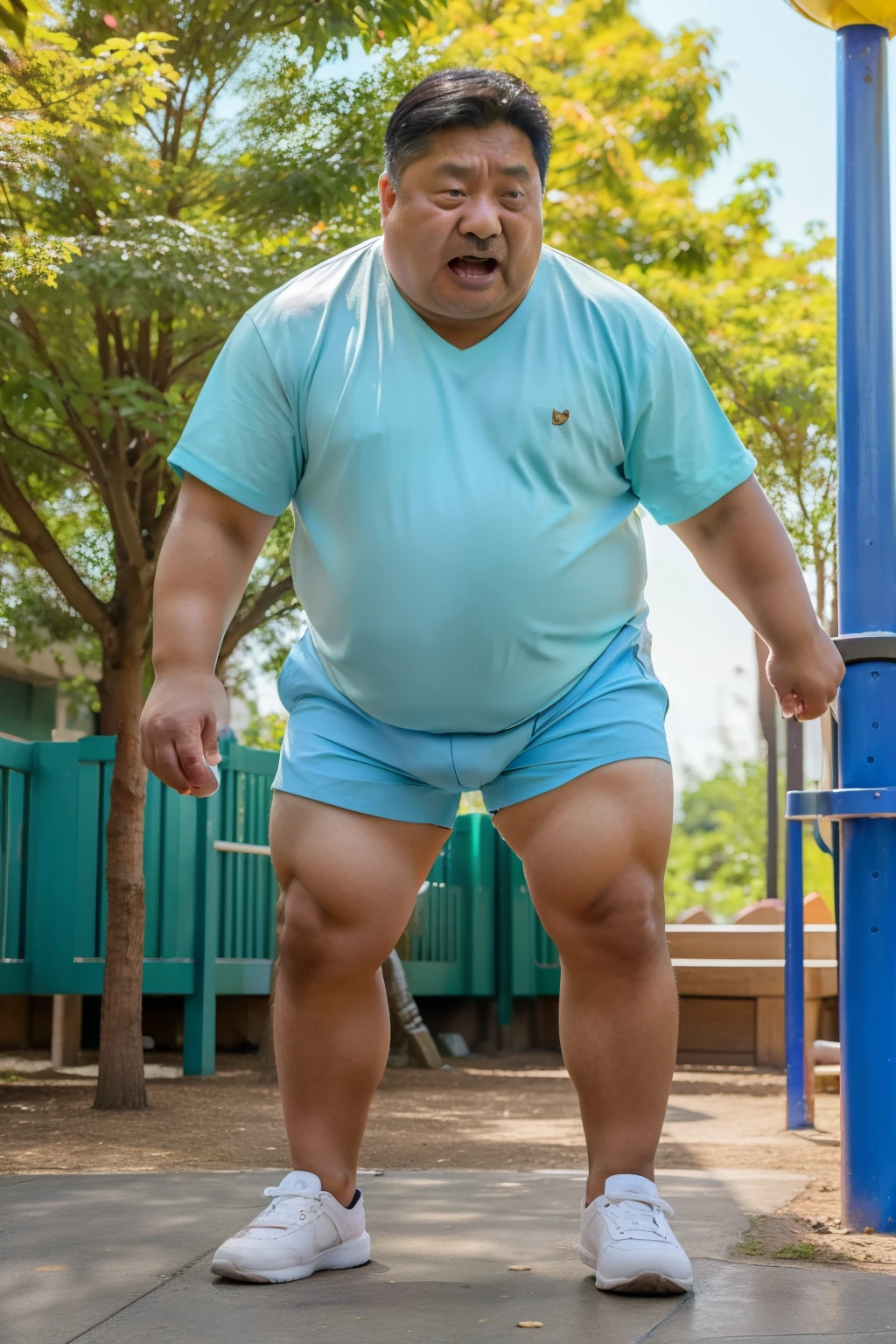 young fat beefy man in white Japanese loincloth, be exposed to the rain, solo man, full body, shirtless, running,