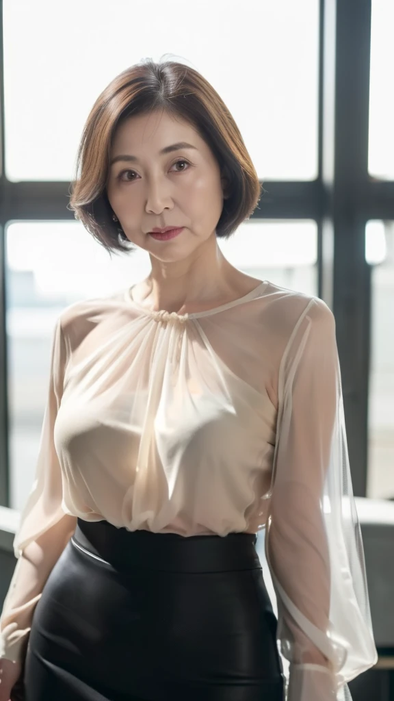 a beautiful detailed face of a 45 year old japanese mature woman, beautiful detailed lips with lip gloss, sensual expression, large breasts, large hips, (wearing a light gray thin sleeveless open-chested casual straight one piece), ((Bowing)), ((walking ouside)), shallow depth of field, standing outside, ((viewed from the side)), (best quality,8k,masterpiece:1.2),ultra-detailed,(realistic,photorealistic,photo-realistic:1.37),intricate details,stunning full body portrait,dramatic lighting,cinematic,elegant, morning, (the cloth emphasizes thigh and bust lines), large hip, long hair, holding a plastic bag