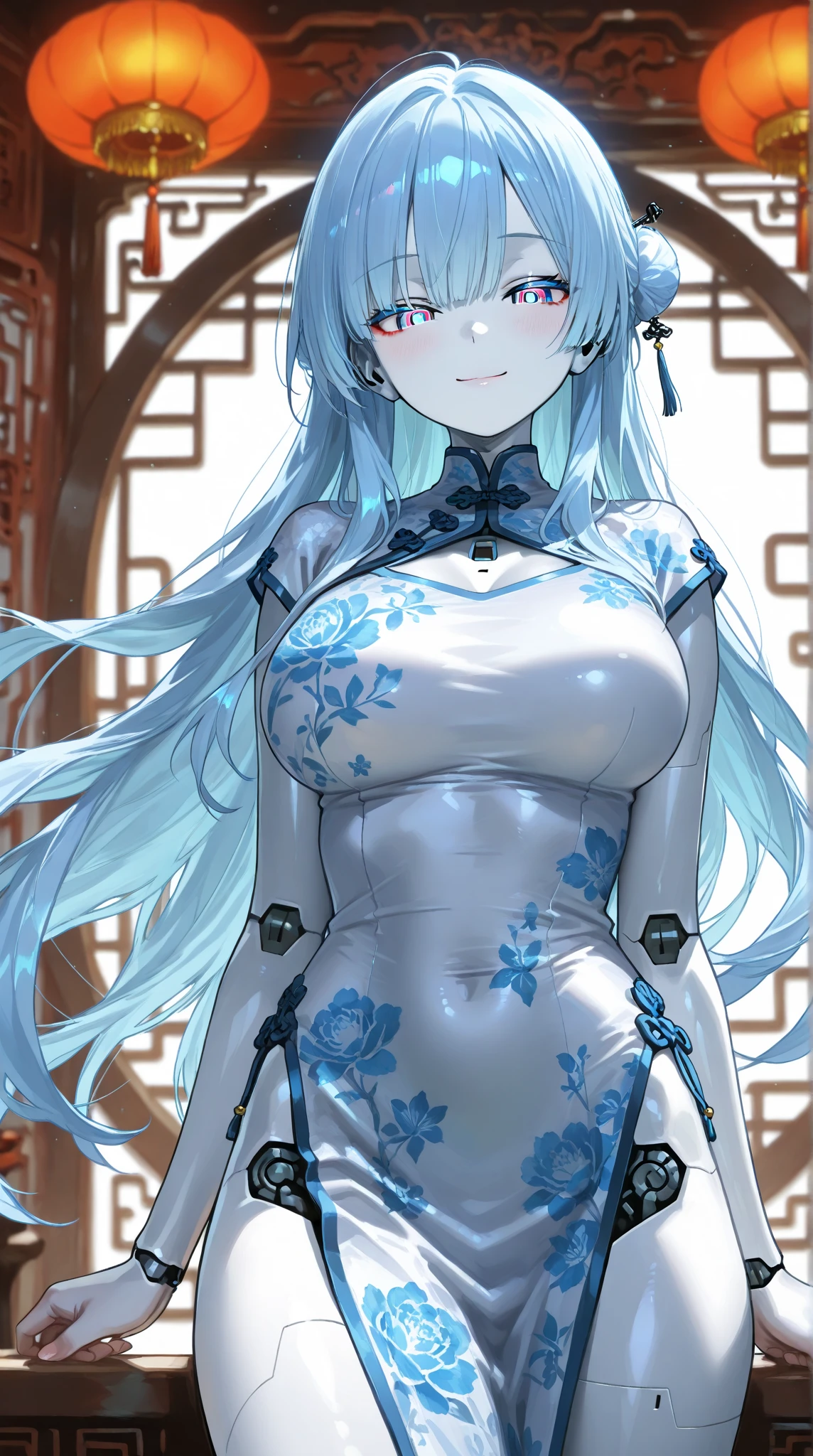 ((Masterpiece:1.2)), ((highest quality)), Highly detailed and delicate illustration style, detailed skin texture, detailed cloth texture, detailed wood texture, (Ultra High Resolution), super fine illustration, highly detailed face, raw photo, professional, ultra-fine painting, sexy, perfect ???????, real, (Solo), (Beautiful and cute silver fox woman or fox girl), ((beautiful silver fox ears)), (beautiful silver fox tail), beautiful normal breasts, blue hair ribbon, (beautiful and shiny silver hair), (beautiful clear blue eyes), (detailed and beautiful eyes:1.6), (China dress:1.6), Smile, ((Standing and looking at me)), daytime, on the street, in the shade of a tree, (8K highest quality wallpaper), (Highly detailed and delicate background)