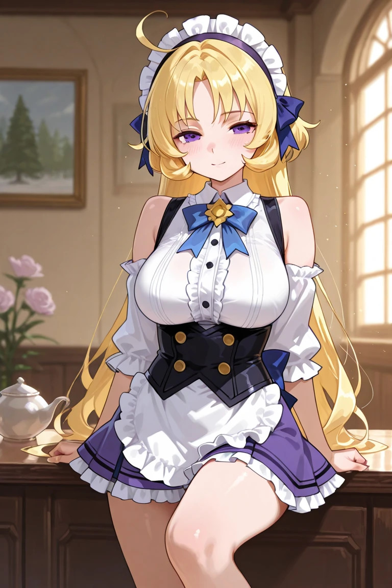 Maid、Elf、Golden Shorthair、Big Breasts、Very large breasts、ponytail、underwear、Inviting Pose