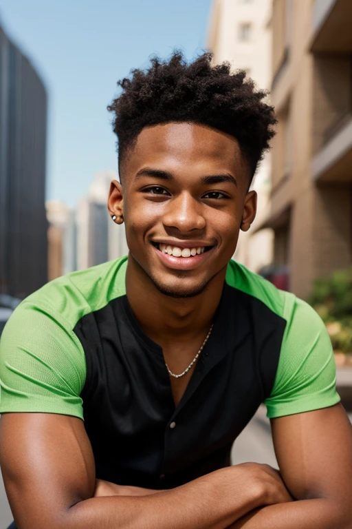 16 year old teenage boy, very dark black skin, brown brown eyes, rectangular face, shoulder-length curly medium black hair with stylish nagô braids, thick lips, double chin, defined jaw, convinced smile, stylish, appealing, Masculine Energy, sensuous, extremely pretty, young boy, Adam's apple prominent on the neck, leather bomber jacket with metal details, button-down shirt under the jacket, Sweatpants, wearing sports shoes, combining neutral tones with vibrant colors, silver rings with geometric notches inspired by African culture, chain necklace with cross pendant, braided leather bracelet, colorful bead bracelets, Erect and confident posture, broad shoulders and a well-defined silhouette, You can notice the definition of your muscles even in loose clothing, in a large garden with a mansion in the background of the image, photographic, aesthetic.