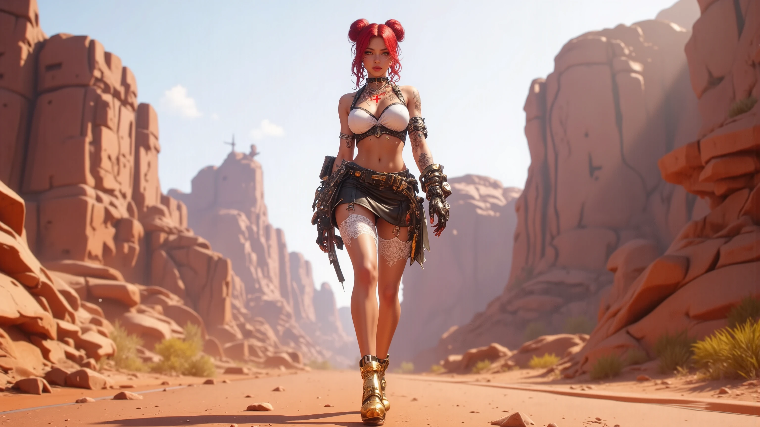 Close up, Game cover art, 4K, incredible art, Best quality, masterpiece, (Milf:1.2),(curvy:1.3),(erected :1.4), (juicy cameltoe:1.3),30yo,large boobs, A teenage girl walking in a post-apocalyptic wasteland, with a backpack, a machete, and a robotic dog companion. She has beautiful long pink hair and gigantic boobs, large boobs