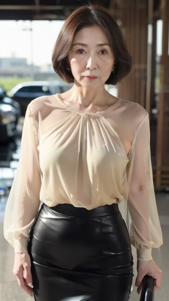 50 years old mature and sexy woman, Masterpiece, Best quality, (Yellow transparent clothes，Large，1:2，cleavage), (absurdness quality), (16k), (com rosto detalhado), (Japanese_Female_Lady:1),